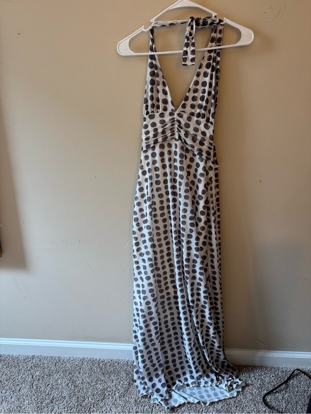 Polka dot halter maxi formal gown